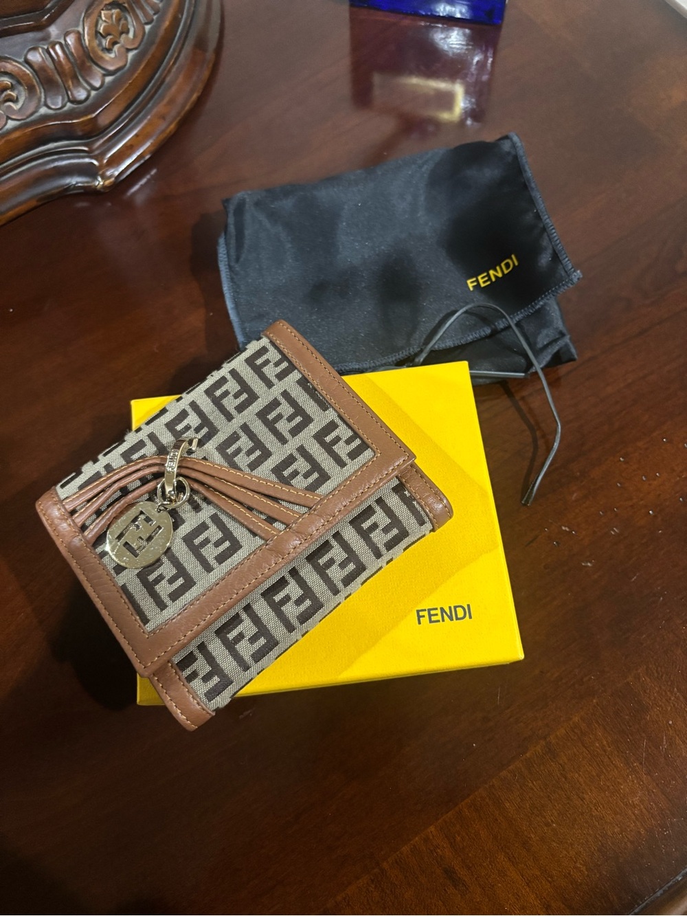 Fendi Brown Zucca Canvas Trifold Wallet with Charm
